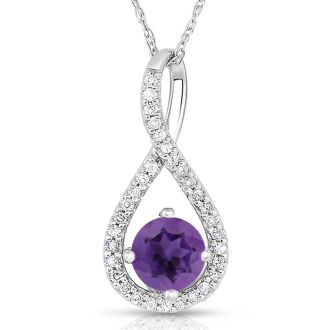 1/2 Carat Round Shape Amethyst and Halo Diamond Necklace In Sterling Silver With 18 Inch Chain