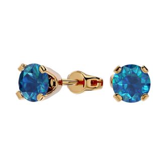 1 Carat Blue Diamond Stud Earrings in 14 Karat Yellow Gold