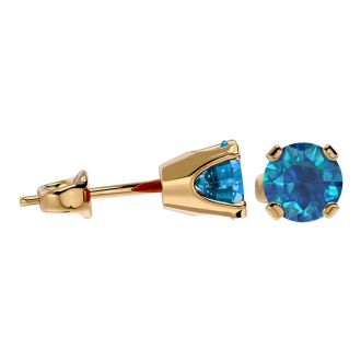 1 Carat Blue Diamond Stud Earrings in 14 Karat Yellow Gold