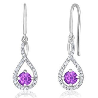 3/4 Carat Round Shape Amethyst and Halo Diamond Drop Earrings In Sterling Silver 