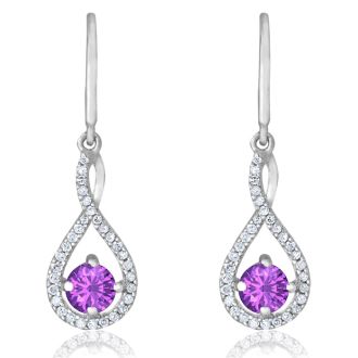 3/4 Carat Round Shape Amethyst and Halo Diamond Drop Earrings In Sterling Silver 