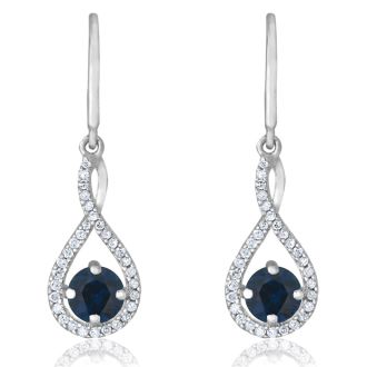 3/4 Carat Round Shape Sapphire and Halo Diamond Drop Earrings In Sterling Silver 