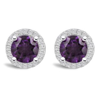 3/4 Carat Round Shape Amethyst and Halo Diamond Stud Earrings In Sterling Silver 