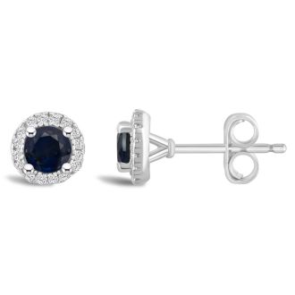 3/4 Carat Round Shape Sapphire and Halo Diamond Stud Earrings In Sterling Silver 