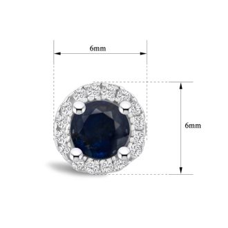3/4 Carat Round Shape Sapphire and Halo Diamond Stud Earrings In Sterling Silver 