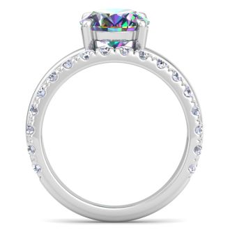 2-3/4 Carat Oval Shape Mystic Topaz Ring Plus Band With Diamond Halo In 14 Karat White Gold