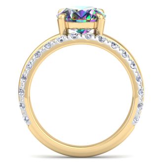 2-3/4 Carat Oval Shape Mystic Topaz Ring Plus Band With Diamond Halo In 14 Karat Yellow Gold
