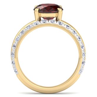 3.60 Carat Oval Shape Garnet and Halo Diamond Ring Plus Band In 14 Karat Yellow Gold