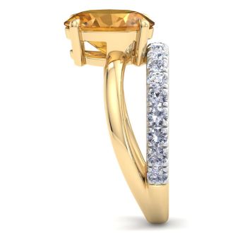 2 3/4 Carat Oval Shape Citrine and Halo Diamond Ring Plus Band In 14 Karat Yellow Gold