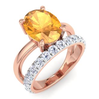 2 3/4 Carat Oval Shape Citrine and Halo Diamond Ring Plus Band In 14 Karat Rose Gold