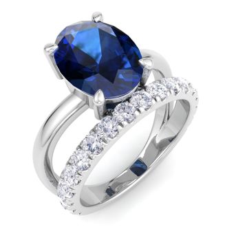 3.60 Carat Oval Shape Sapphire and Halo Diamond Ring Plus Band In 14 Karat White Gold