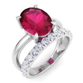 3.60 Carat Oval Shape Ruby and Halo Diamond Ring Plus Band In 14 Karat White Gold