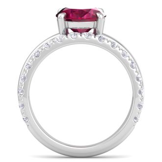 3.60 Carat Oval Shape Ruby and Halo Diamond Ring Plus Band In 14 Karat White Gold