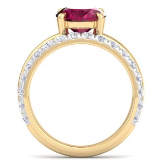 3.60 Carat Oval Shape Ruby and Halo Diamond Ring Plus Band In 14 Karat Yellow Gold