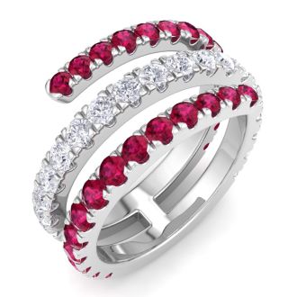1 1/2 Carat Lab Grown Diamond and Ruby Wrap Ring In 14 Karat White Gold