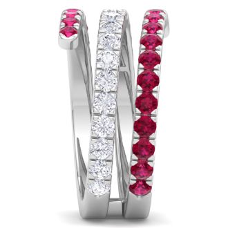 1 1/2 Carat Lab Grown Diamond and Ruby Wrap Ring In 14 Karat White Gold