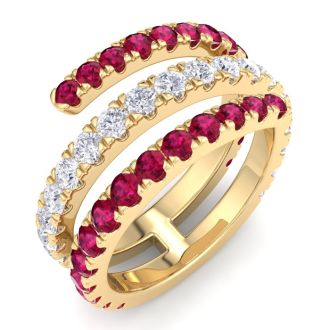1 1/2 Carat Lab Grown Diamond and Ruby Wrap Ring In 14 Karat Yellow Gold