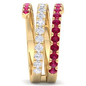 1 1/2 Carat Lab Grown Diamond and Ruby Wrap Ring In 14 Karat Yellow Gold
