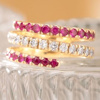 1 1/2 Carat Lab Grown Diamond and Ruby Wrap Ring In 14 Karat Yellow Gold