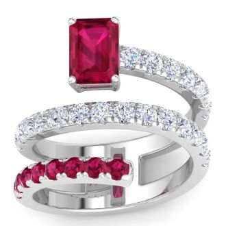 1 3/4 Carat Lab Grown Diamond and Ruby Wrap Ring In 14 Karat White Gold