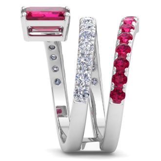 1 3/4 Carat Lab Grown Diamond and Ruby Wrap Ring In 14 Karat White Gold