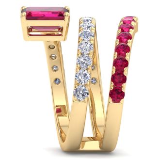1 3/4 Carat Lab Grown Diamond and Ruby Wrap Ring In 14 Karat Yellow Gold