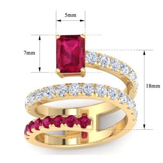 1 3/4 Carat Lab Grown Diamond and Ruby Wrap Ring In 14 Karat Yellow Gold