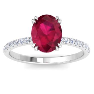 2 1/5 Carat Lab Grown Diamond and Ruby Engagement Ring In 14 Karat White Gold
