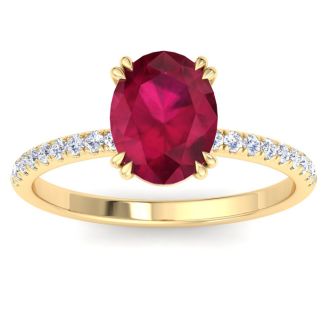 2 1/5 Carat Lab Grown Diamond and Ruby Engagement Ring In 14 Karat Yellow Gold
