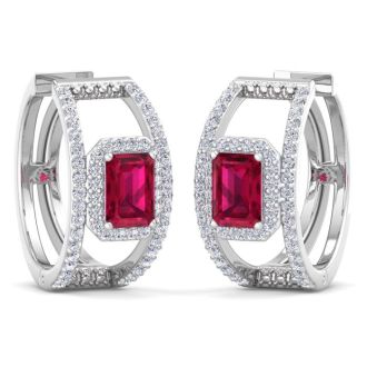 3 Carat Ruby and Lab Grown Diamond Hoop Earrings In 14 Karat White Gold