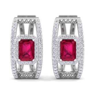 3 Carat Ruby and Lab Grown Diamond Hoop Earrings In 14 Karat White Gold