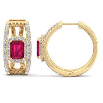 3 Carat Ruby and Lab Grown Diamond Hoop Earrings In 14 Karat Yellow Gold