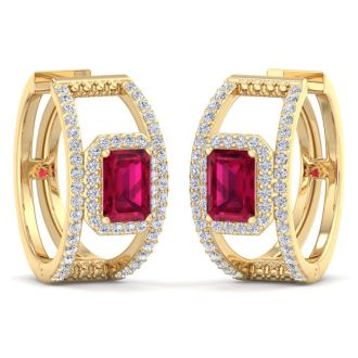 3 Carat Ruby and Lab Grown Diamond Hoop Earrings In 14 Karat Yellow Gold