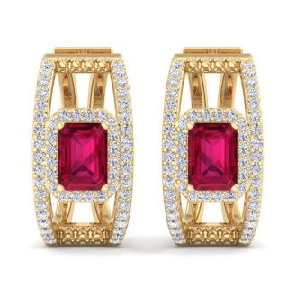 3 Carat Ruby and Lab Grown Diamond Hoop Earrings In 14 Karat Yellow Gold