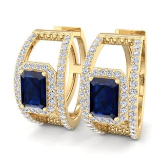 3 Carat Sapphire and Lab Grown Diamond Hoop Earrings In 14 Karat Yellow Gold