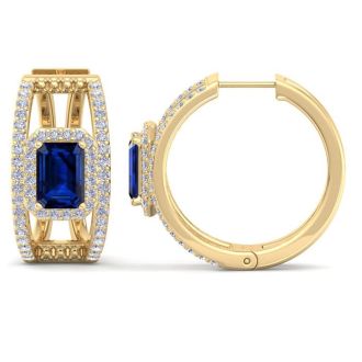 3 Carat Sapphire and Lab Grown Diamond Hoop Earrings In 14 Karat Yellow Gold