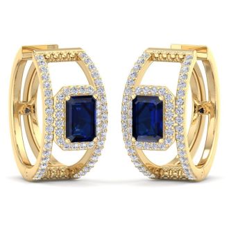 3 Carat Sapphire and Lab Grown Diamond Hoop Earrings In 14 Karat Yellow Gold