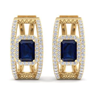 3 Carat Sapphire and Lab Grown Diamond Hoop Earrings In 14 Karat Yellow Gold