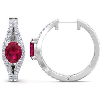 2 1/4 Carat Ruby and Lab Grown Diamond Hoop Earrings In 14 Karat White Gold