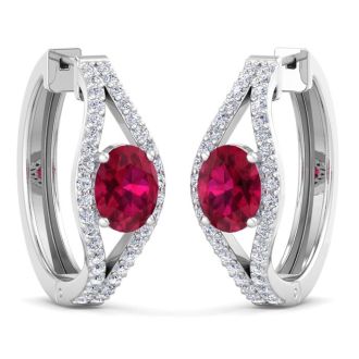 2 1/4 Carat Ruby and Lab Grown Diamond Hoop Earrings In 14 Karat White Gold