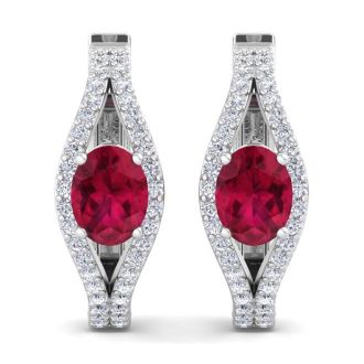 2 1/4 Carat Ruby and Lab Grown Diamond Hoop Earrings In 14 Karat White Gold