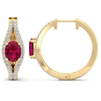 2 1/4 Carat Ruby and Lab Grown Diamond Hoop Earrings In 14 Karat Yellow Gold