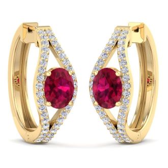 2 1/4 Carat Ruby and Lab Grown Diamond Hoop Earrings In 14 Karat Yellow Gold