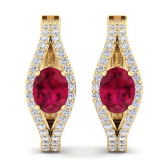2 1/4 Carat Ruby and Lab Grown Diamond Hoop Earrings In 14 Karat Yellow Gold