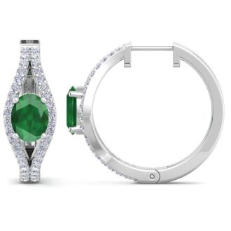 2 1/4 Carat Emerald and Lab Grown Diamond Hoop Earrings In 14 Karat White Gold