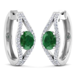 2 1/4 Carat Emerald and Lab Grown Diamond Hoop Earrings In 14 Karat White Gold