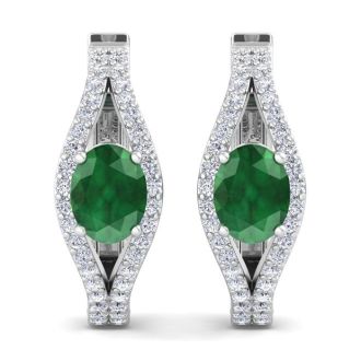 2 1/4 Carat Emerald and Lab Grown Diamond Hoop Earrings In 14 Karat White Gold
