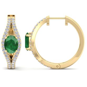2 1/4 Carat Emerald and Lab Grown Diamond Hoop Earrings In 14 Karat Yellow Gold