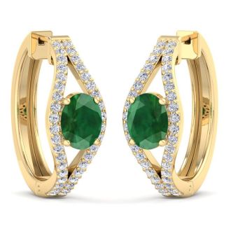 2 1/4 Carat Emerald and Lab Grown Diamond Hoop Earrings In 14 Karat Yellow Gold