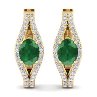 2 1/4 Carat Emerald and Lab Grown Diamond Hoop Earrings In 14 Karat Yellow Gold